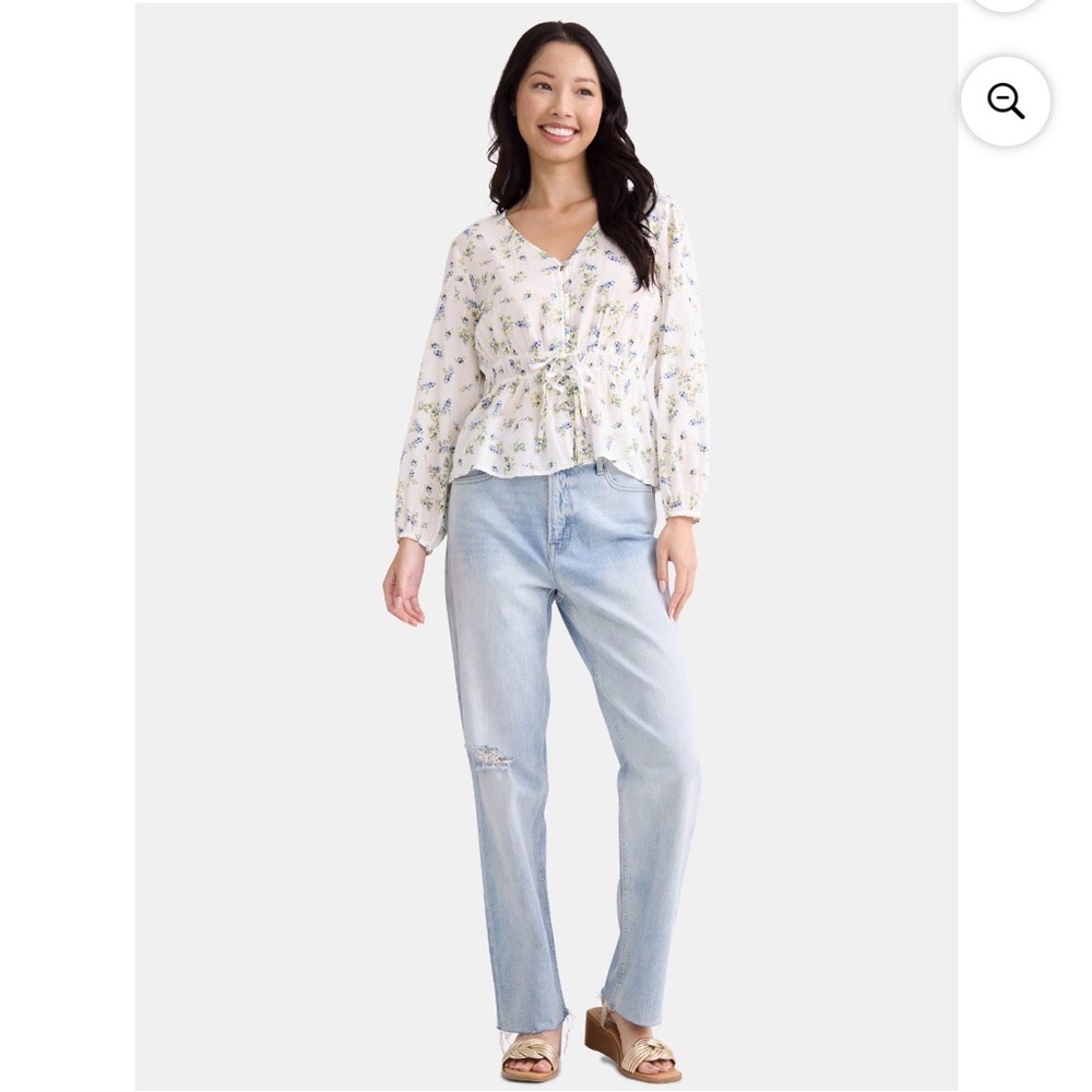 Time and Tru Floral Print V-Neck Tie-Waist Blouse Long Sleeve Blouse size M